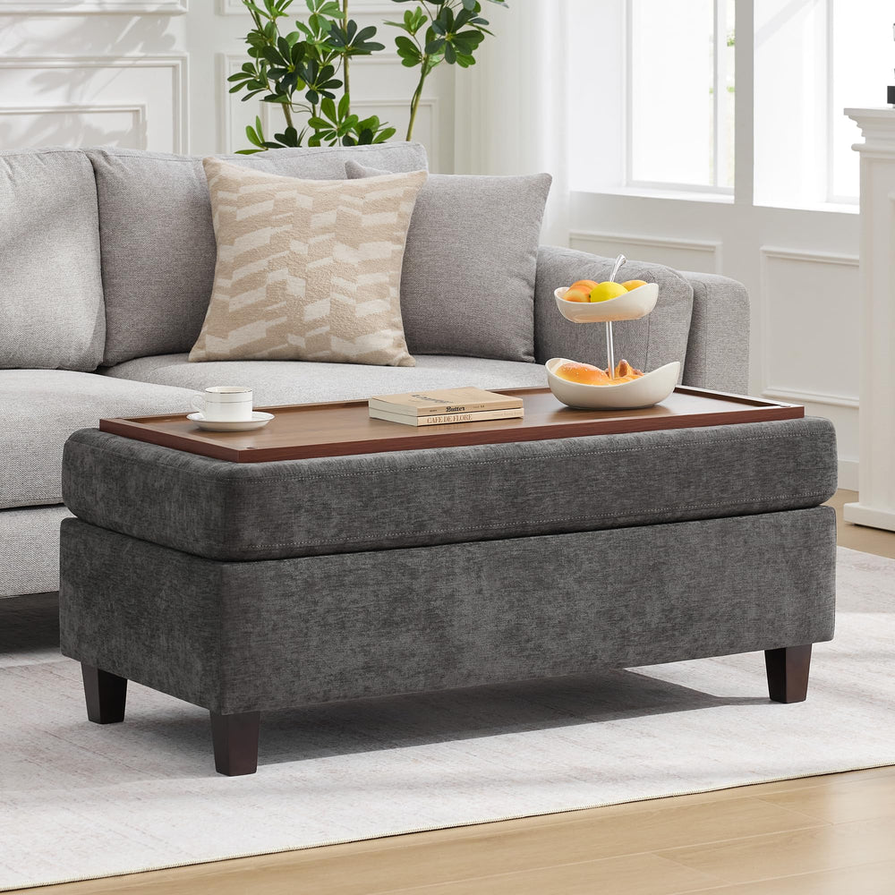 45-Inch Storage Ottoman Bench with Flip-Top Wooden Tray