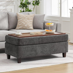 45-Inch Storage Ottoman Bench with Flip-Top Wooden Tray