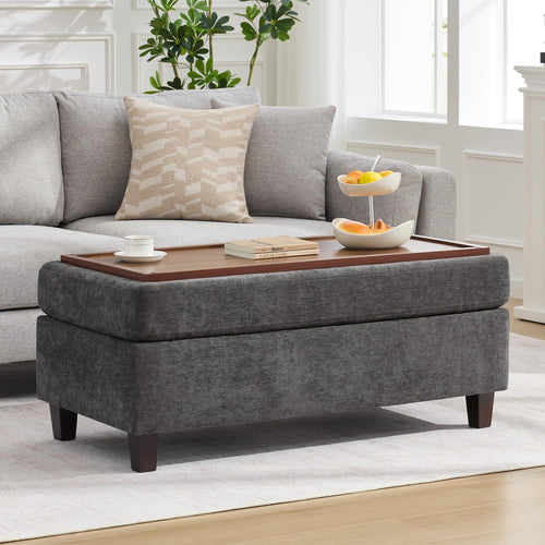 45-Inch Storage Ottoman Bench with Flip-Top Wooden Tray