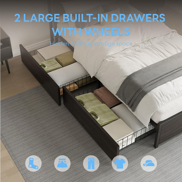 Twin XL Bed Frame with Storage Drawers, LED Light & Charging Station