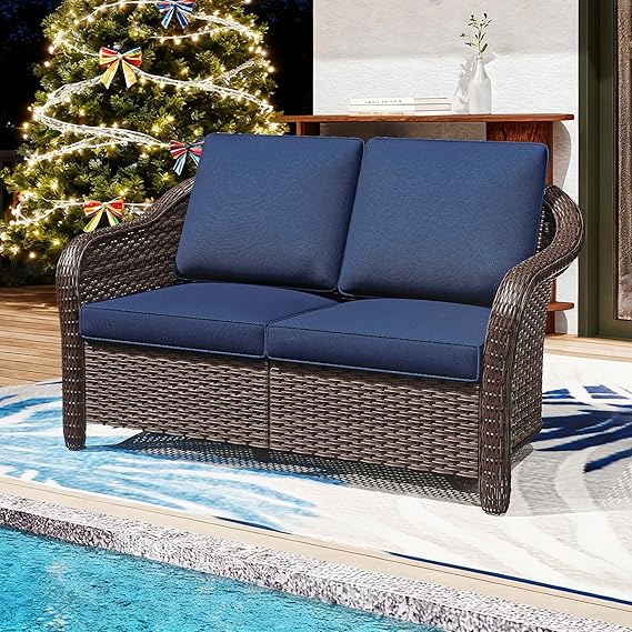 Outdoor 2-Seat Wicker Patio Sofa with Cushions