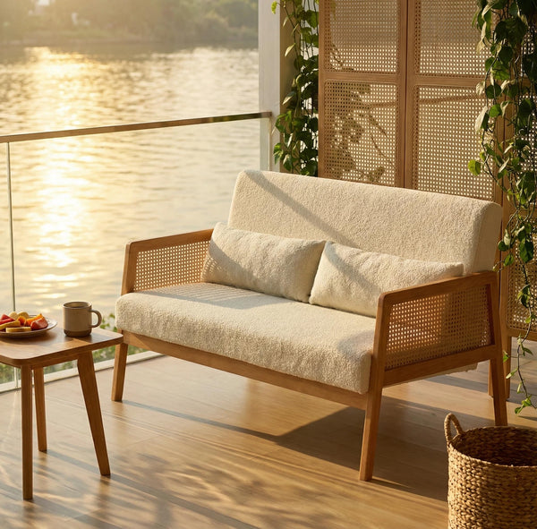 Small Loveseat with Rattan Armrests & Sherpa Fabric