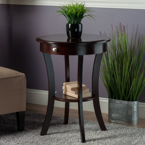 Round Wood Accent Table with Drawer and Shelf
