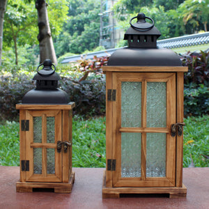 Rustic Wood Candle Lanterns with Black Metal Top – Set of 2