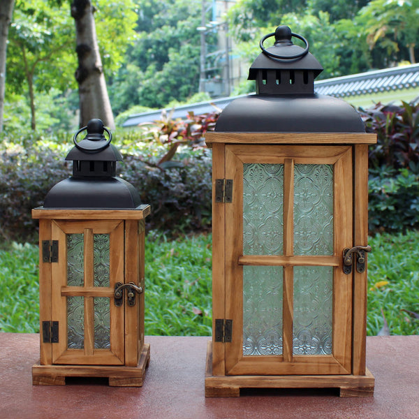 Rustic Wood Candle Lanterns with Black Metal Top – Set of 2