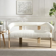 Modern Bouclé Fabric Loveseat – 2-Seater Sofa with Curved Armrests & Rubberwood Frame