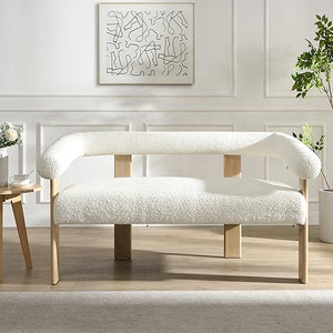Modern Bouclé Fabric Loveseat – 2-Seater Sofa with Curved Armrests & Rubberwood Frame