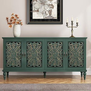 Hollow Carved Wood Accent Cabinet with 4 Doors