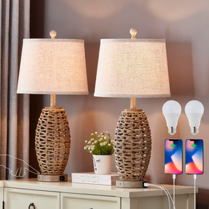 Natural Rattan Table Lamps Set of 2 – Dimmable Touch Control, USB Charging, Oatmeal Shade