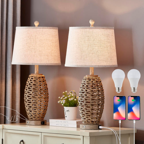 Natural Rattan Table Lamps Set of 2 – Dimmable Touch Control, USB Charging, Oatmeal Shade