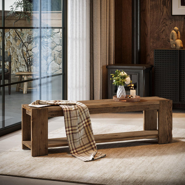 Solid Wood Entryway Bench with Storage Shelf, 55-Inch