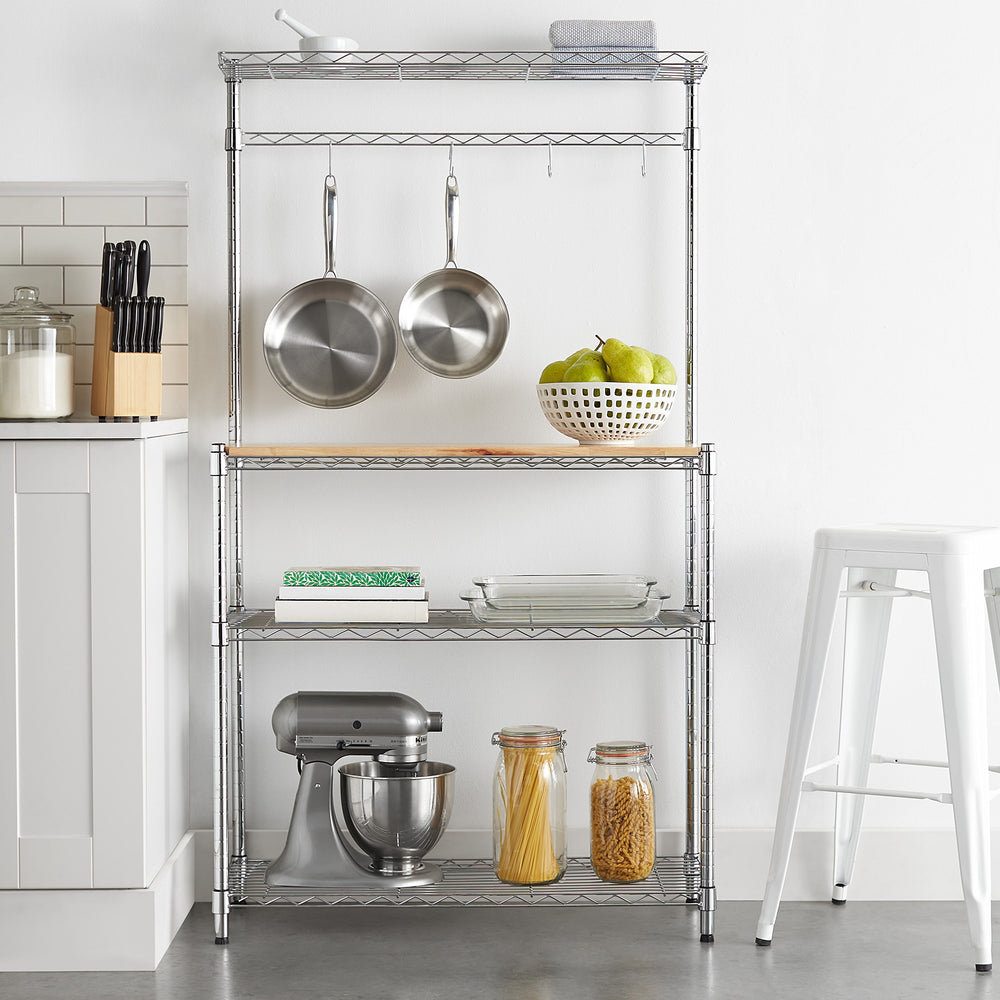 3-Tier Kitchen Baker's Rack with Wood Shelf and Chrome Wire Shelves