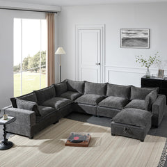 U-Shaped Sectional Sofa with Storage Ottoman – 7-Seat Chenille Couch, Grey