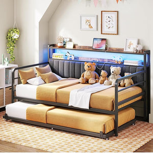 Daybed with Trundle, LED Lights & Charging Station – Metal Sofa Bed with Storage Shelves