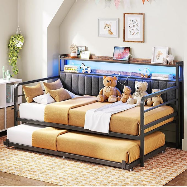 Daybed with Trundle, LED Lights & Charging Station – Metal Sofa Bed with Storage Shelves