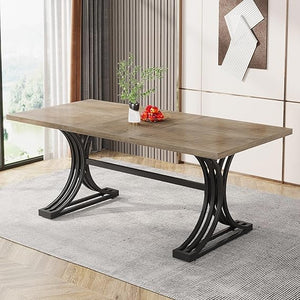 63-Inch Rectangular Dining Table with Faux Marble Top & Metal Legs