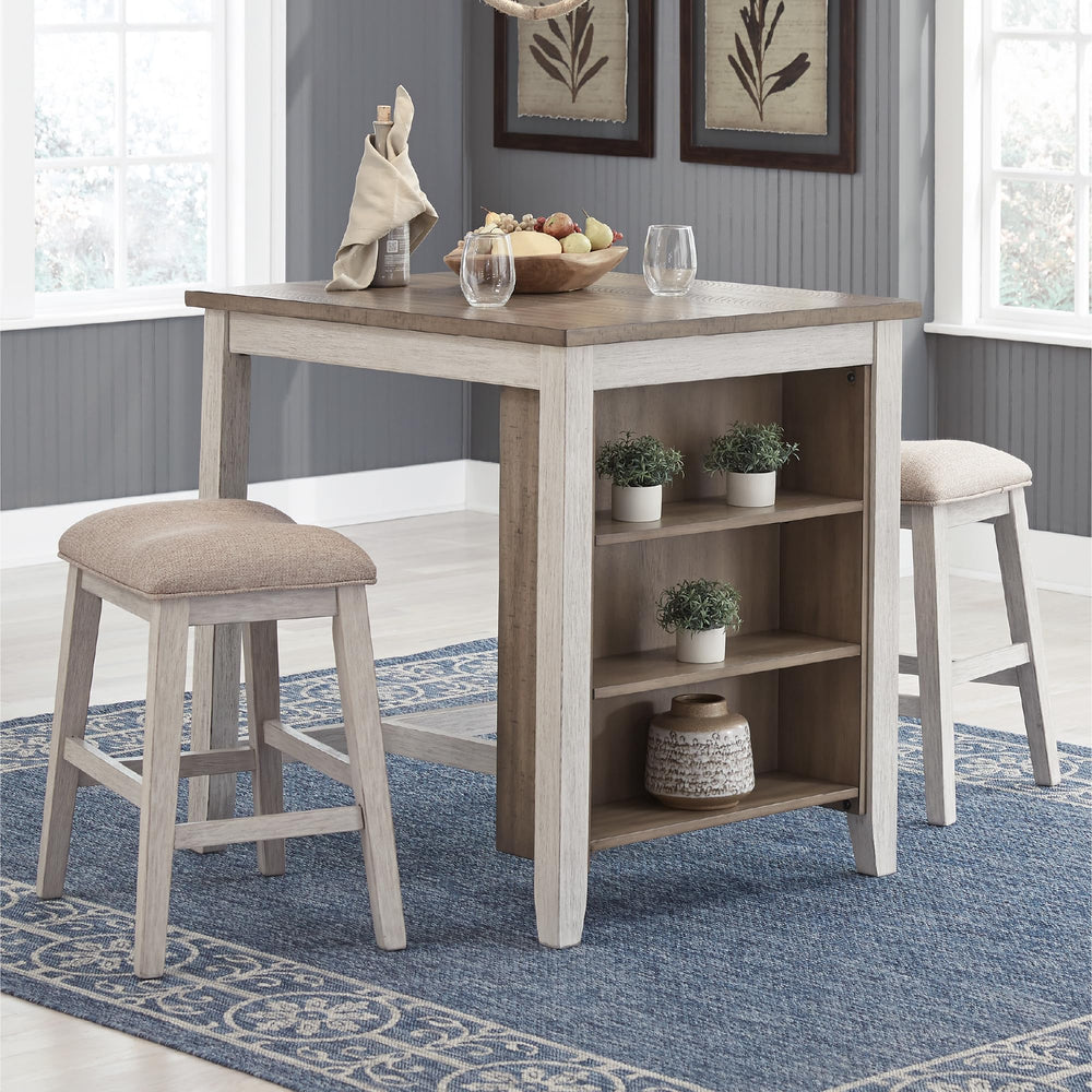 3-Piece Counter Height Dining Set with Cushioned Barstools — Whitewash Wood