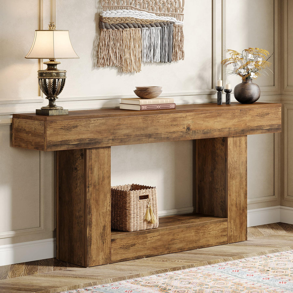 63-Inch Farmhouse Console Table with U-Shaped Base & Lower Shelf