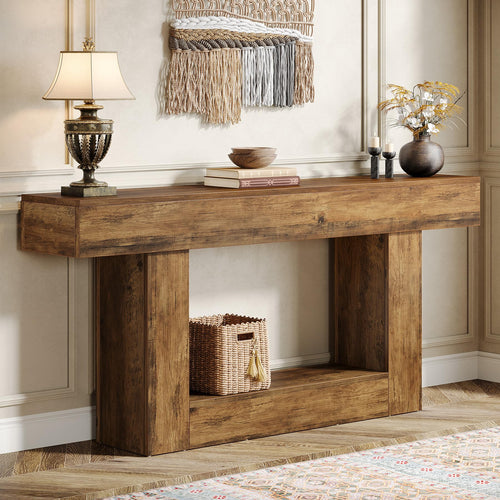63-Inch Farmhouse Console Table with U-Shaped Base & Lower Shelf