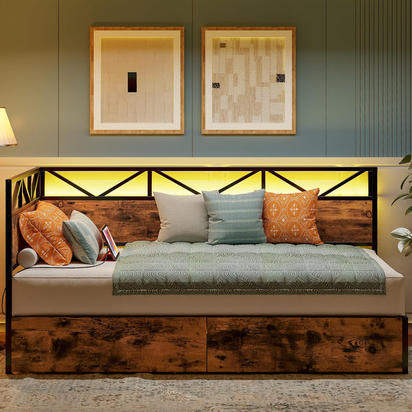 Twin Daybed with Storage Drawers, Charging Station & LED Lights