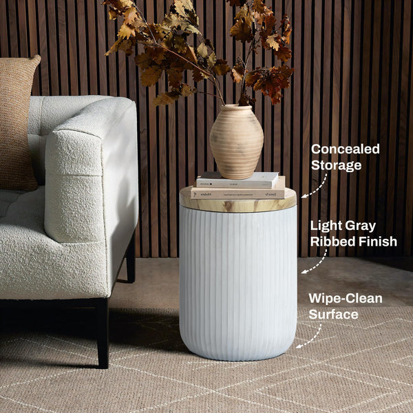 Outdoor Side Table with Storage Cement Patio End Table Wood Lid Accent Table