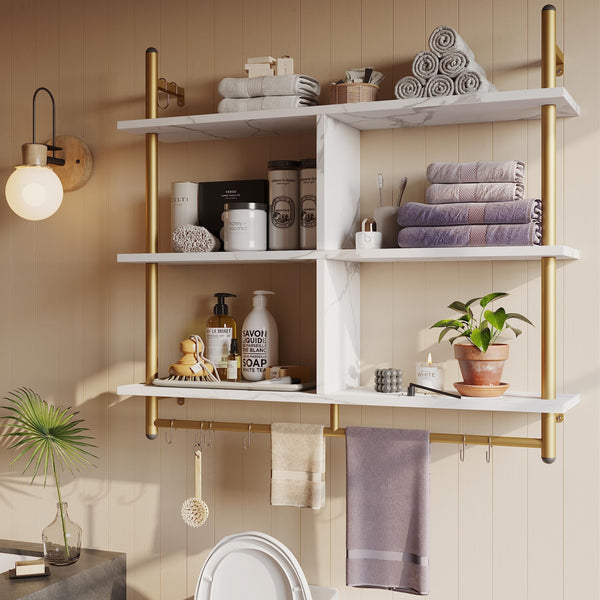 3-Tier Wall Mounted Floating Pipe Shelf with Hooks