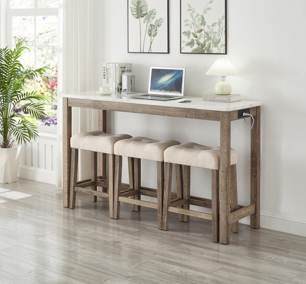 59" Bar Table Set with Power Outlet & 3 Padded Stools