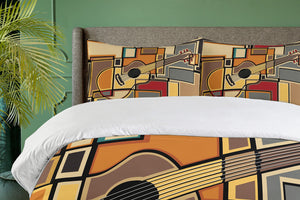 Queen Duvet Cover Set — Guitar Geometric Print, Pale Yellow, 3-Piece