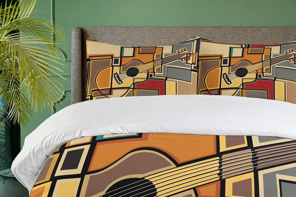 Queen Duvet Cover Set — Guitar Geometric Print, Pale Yellow, 3-Piece