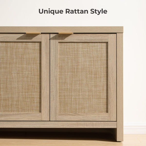 Boho TV Stand with 4 Rattan Cabinets – Farmhouse Entertainment Center, Fits TVs up to 65 Inch