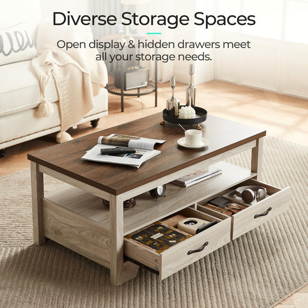 Farmhouse Coffee Table with Storage Drawers and Open Display