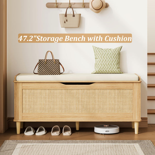 Keehusux 47.2" Rattan Storage Chest with Padded Seat Cushion, Extra Large Storage Bench with 2 Safety Hinges, Storage Trunk with Solid Wood Legs & Rounded Corners for Entryway, Bedroom, Natural Oak