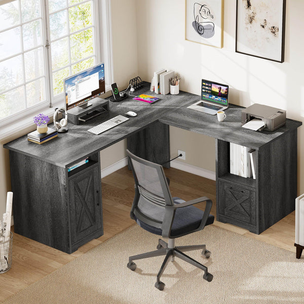 L-Shaped Desk with Power Outlets, File Drawer & Monitor Stand — 60 Inch Corner Office Desk