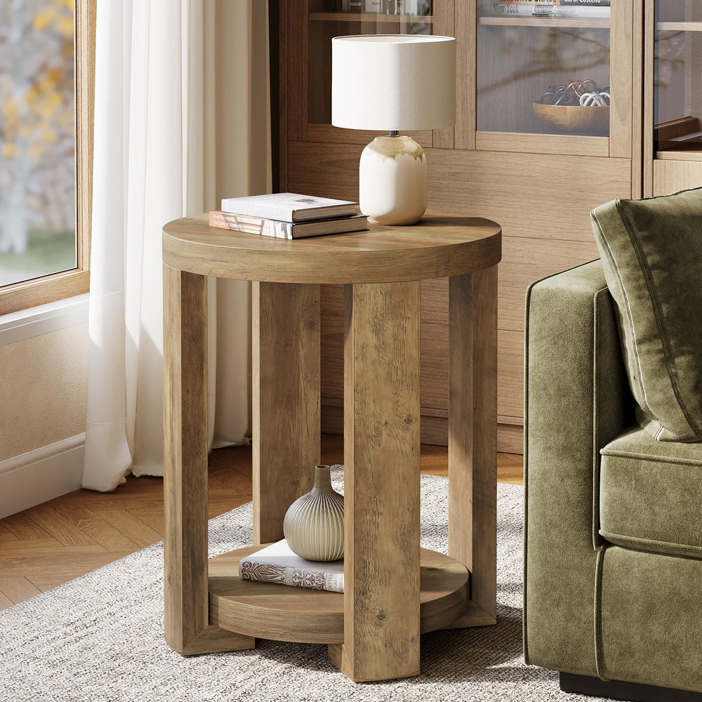2-Tier Round Side End Table with Storage Shelves
