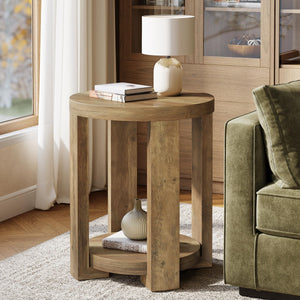 2-Tier Round Side End Table with Storage Shelves