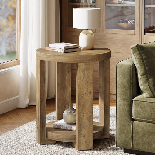 2-Tier Round Side End Table with Storage Shelves