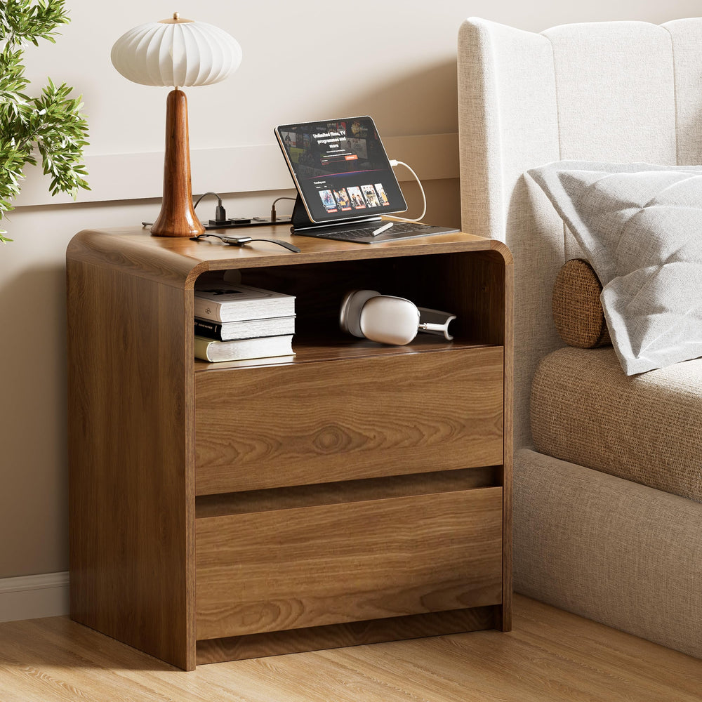 Walnut Nightstand Set of 2 with Hidden Drawers & Charging Station