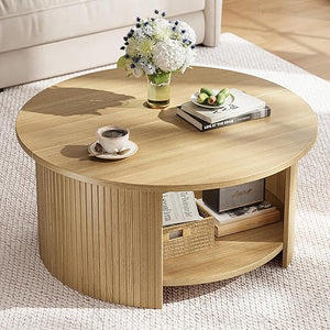 Round Coffee Table with Storage Shelf & Fluted Design