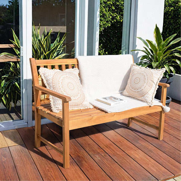2-Person Acacia Wood Outdoor Bench with Foldable Table