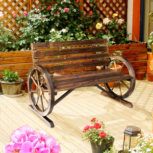 Rustic Wagon Wheel Outdoor Wood Bench – 2-Person Slatted Seat with Backrest