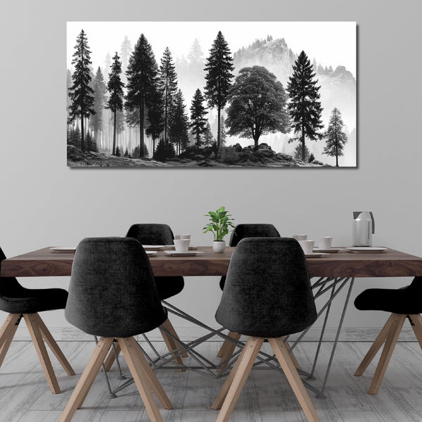 Large Foggy Forest & Mountain Canvas Wall Art