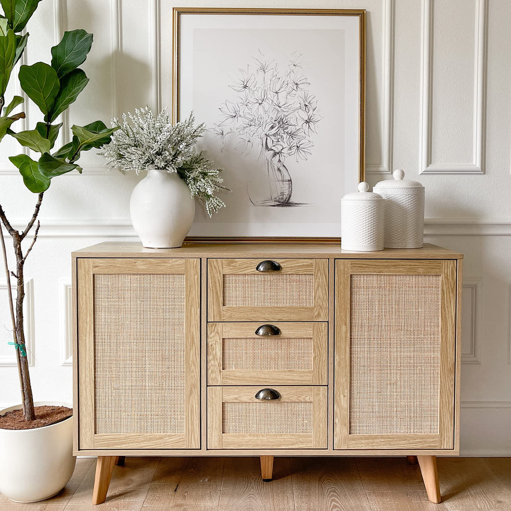 Rattan Sideboard Buffet Cabinet with Doors and Drawers