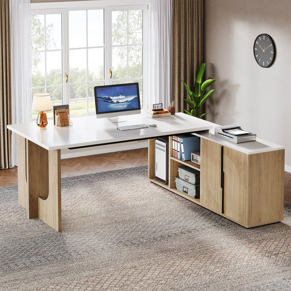 L-Shaped Executive Desk with Cabinet & Storage
