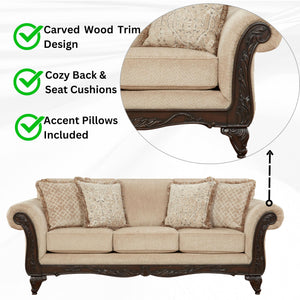 3-Seat Chenille Sofa with Carved Wood Frame