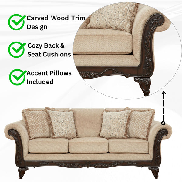3-Seat Chenille Sofa with Carved Wood Frame