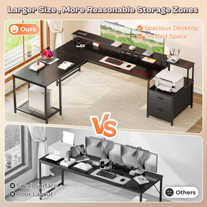 L-Shaped Gaming & Office Desk with LED Lights, Power Outlets, Drawers & Monitor Stand