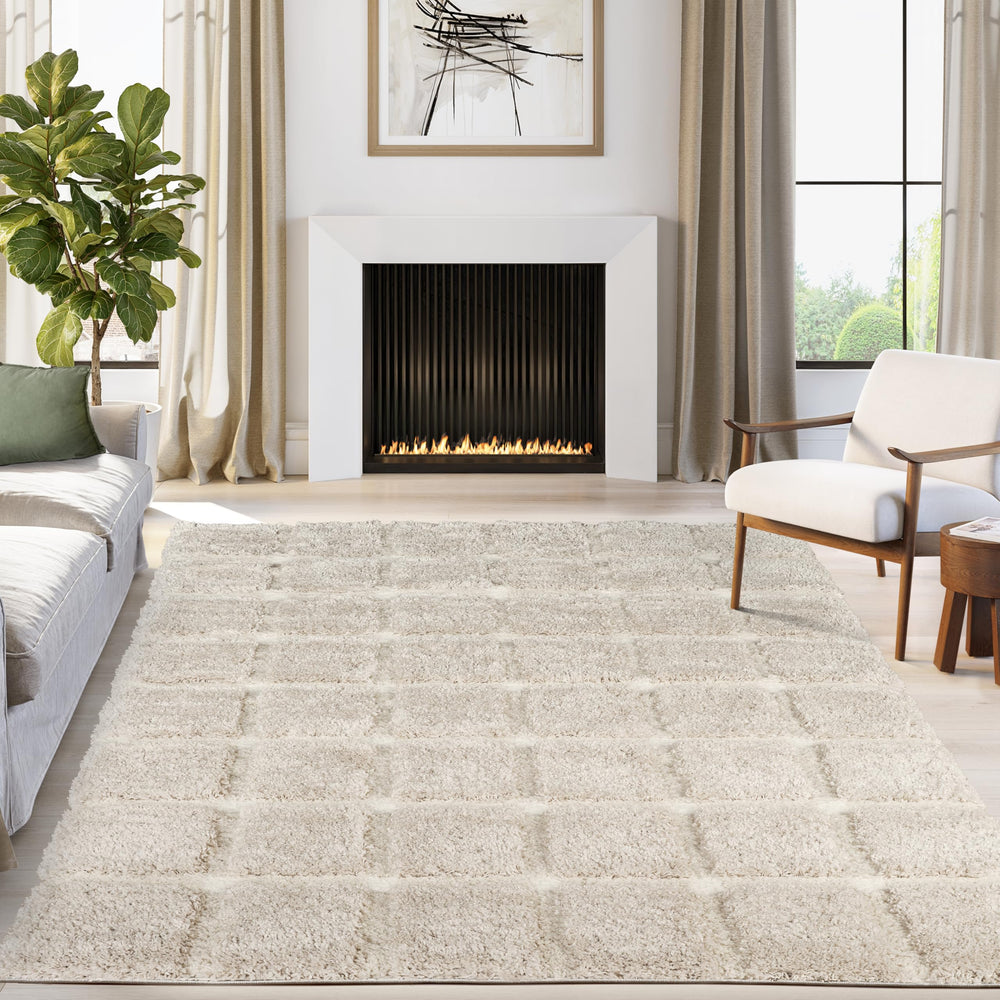 Cream Checkered Shag Area Rug – Polypropylene, High Pile, Multiple Sizes