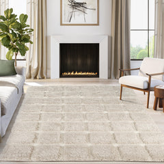 Cream Checkered Shag Area Rug – Polypropylene, High Pile, Multiple Sizes