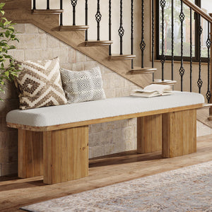 59" Upholstered Entryway Bench with Faux Shearling Cushion