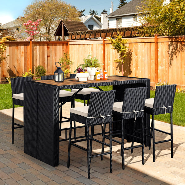 7-Piece Outdoor Wicker Bar Set with Acacia Wood Table